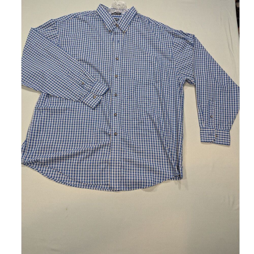 NorthCrest Mens XL 46/48 Blue Plaid Wrinkle Free Long Sleeve Button Down